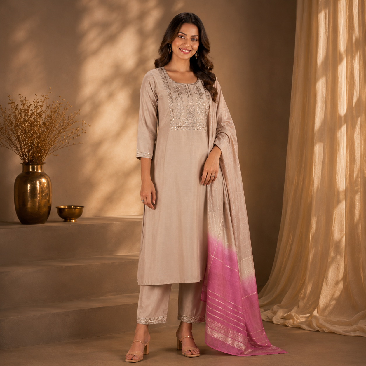 Cream Roman Silk Embroidered Kurta Set with Sequined Work and Dupatta