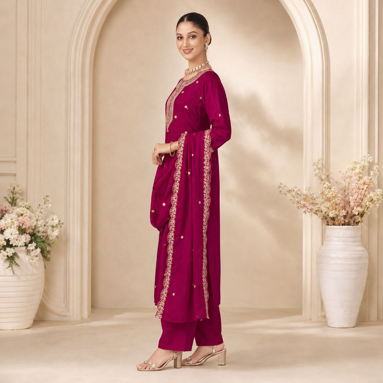 Embroidered Vichitra Silk Straight Kurta Set with Matching Dupatta