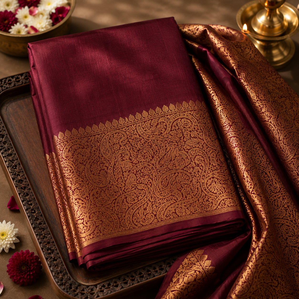 Premium Maroon Lichi Silk Zari Work Saree