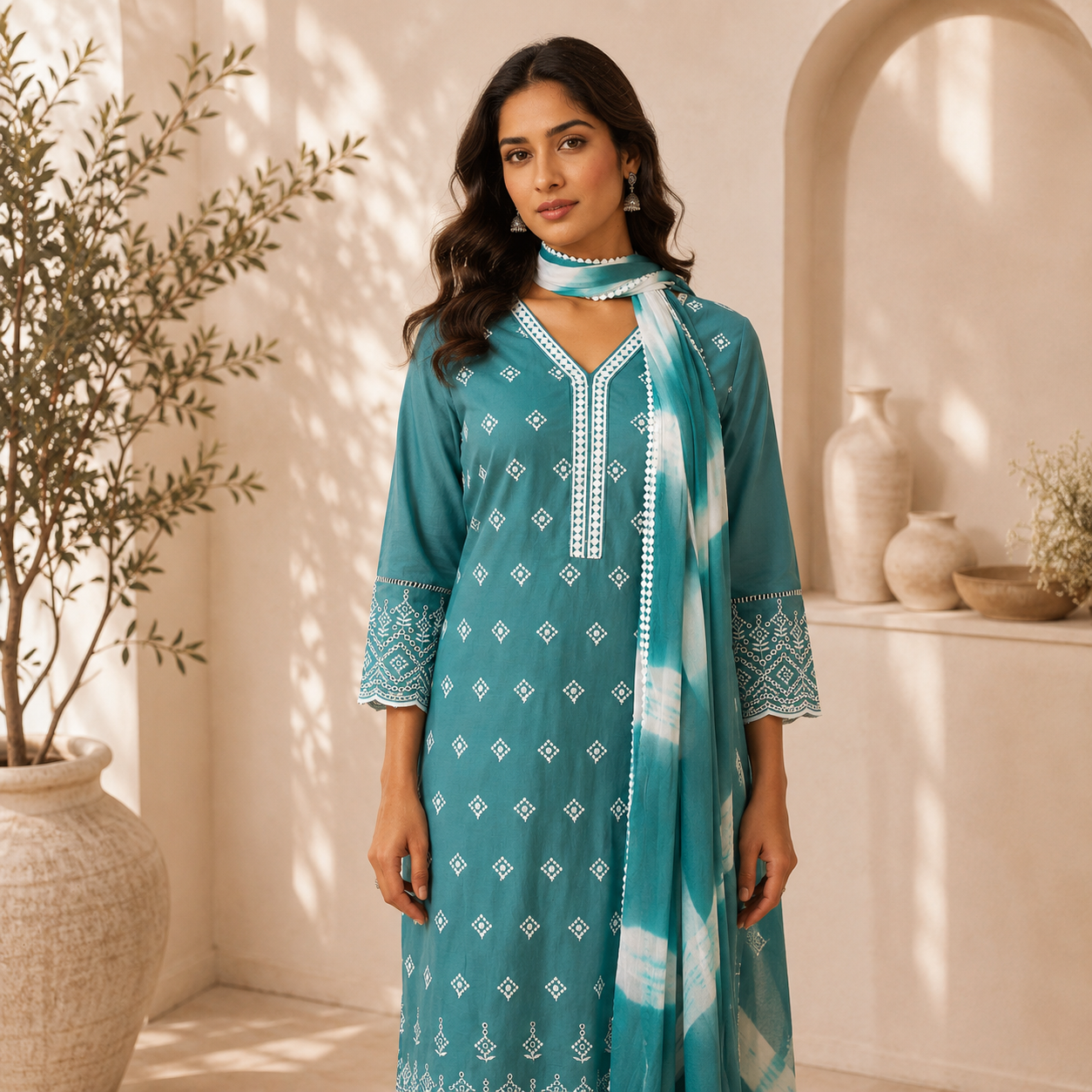 Aqua Blue Schiffli Cotton Kurta Set with Chiffon Dupatta