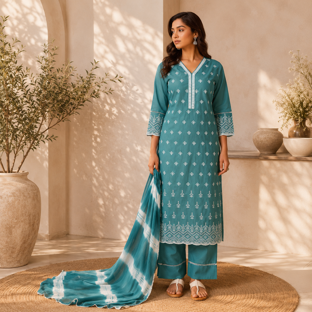 Aqua Blue Schiffli Cotton Kurta Set with Chiffon Dupatta