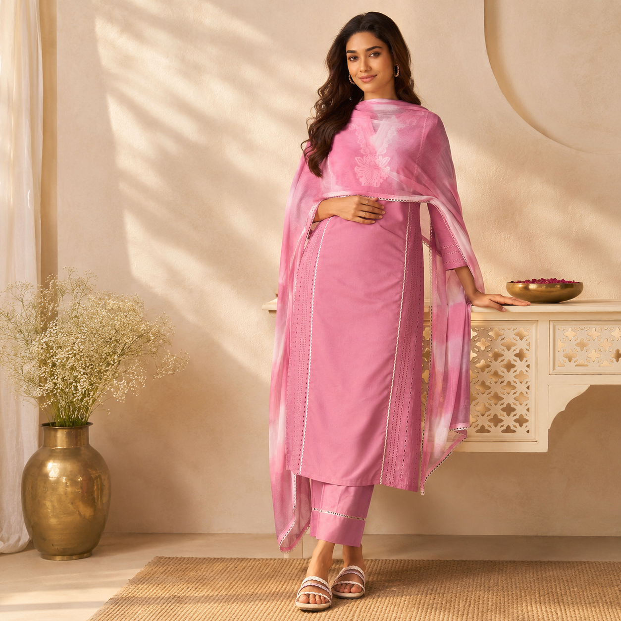 Blush Pink Schiffli Cotton Kurta Set with Chiffon Dupatta