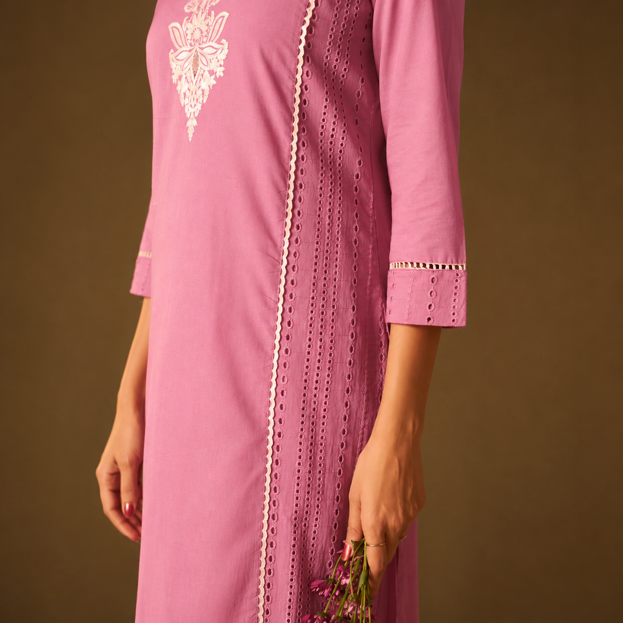 Blush Pink Schiffli Cotton Kurta Set with Chiffon Dupatta