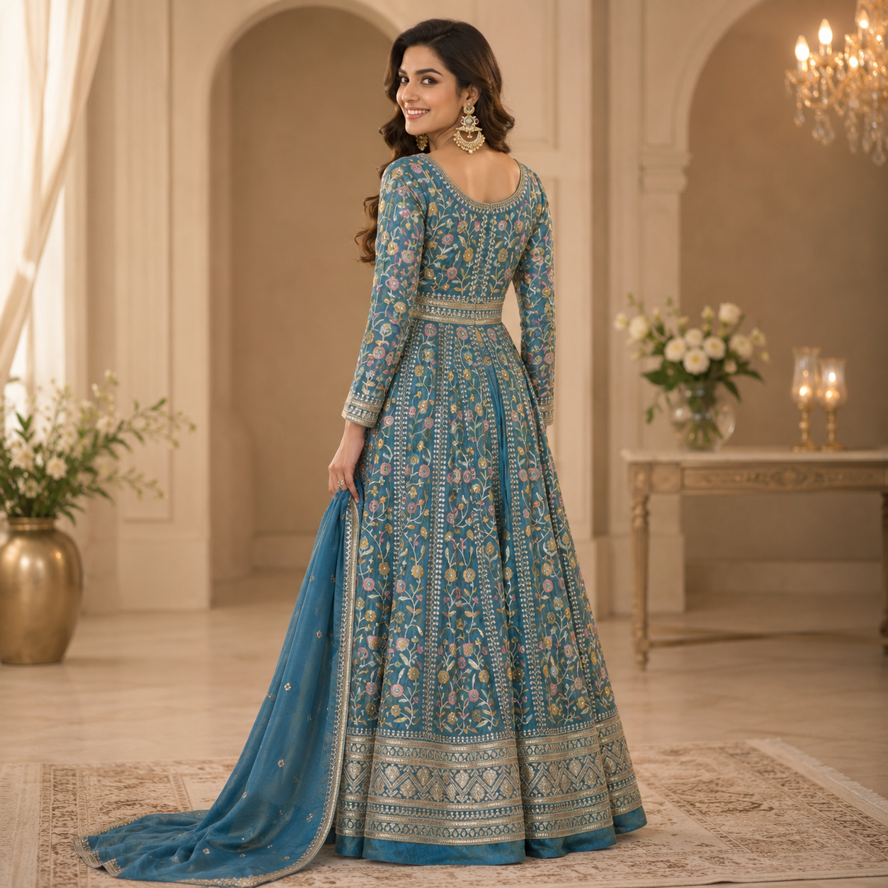 Butterfly Net Embroidered Long Top Lehenga with Dupatta