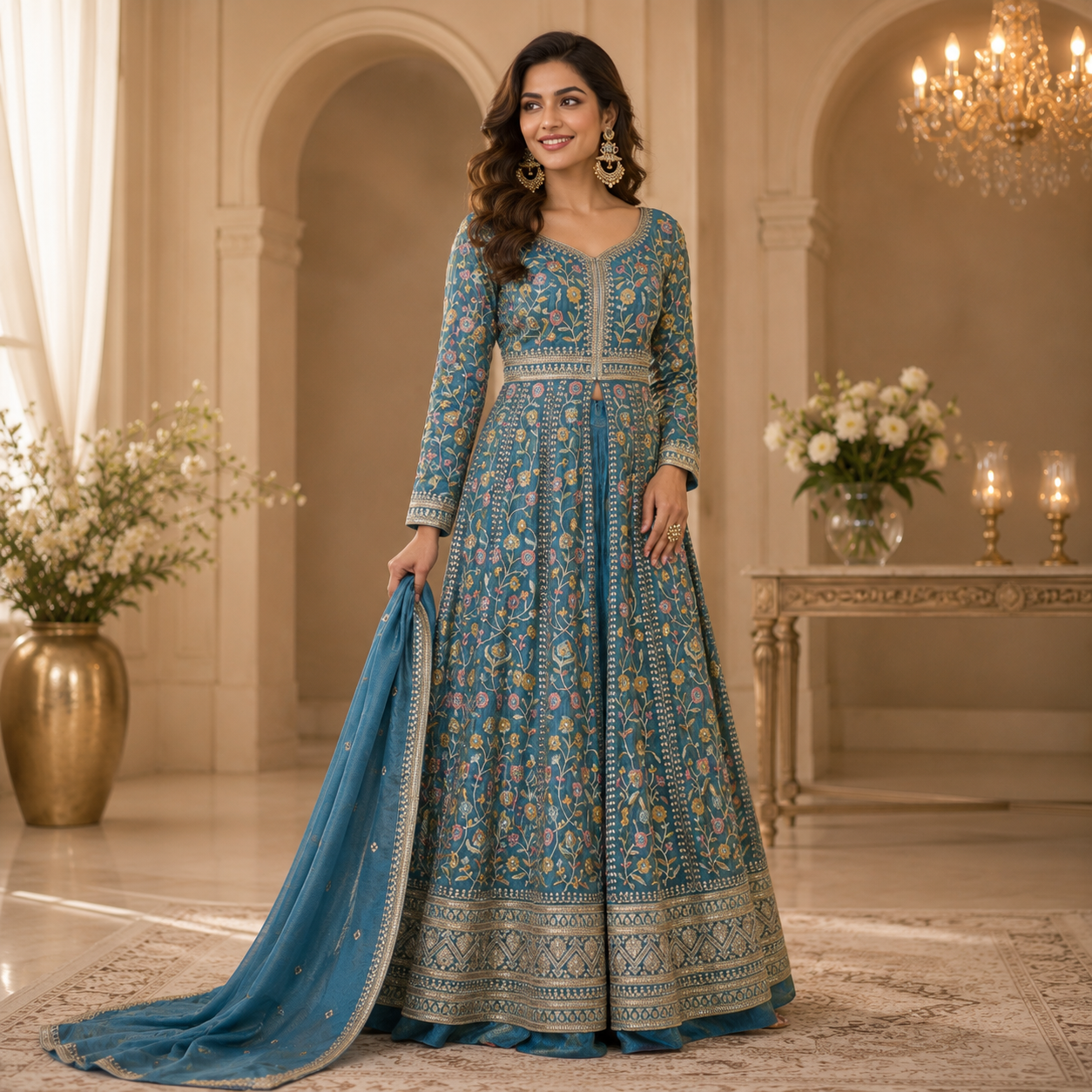 Butterfly Net Embroidered Long Top Lehenga with Dupatta