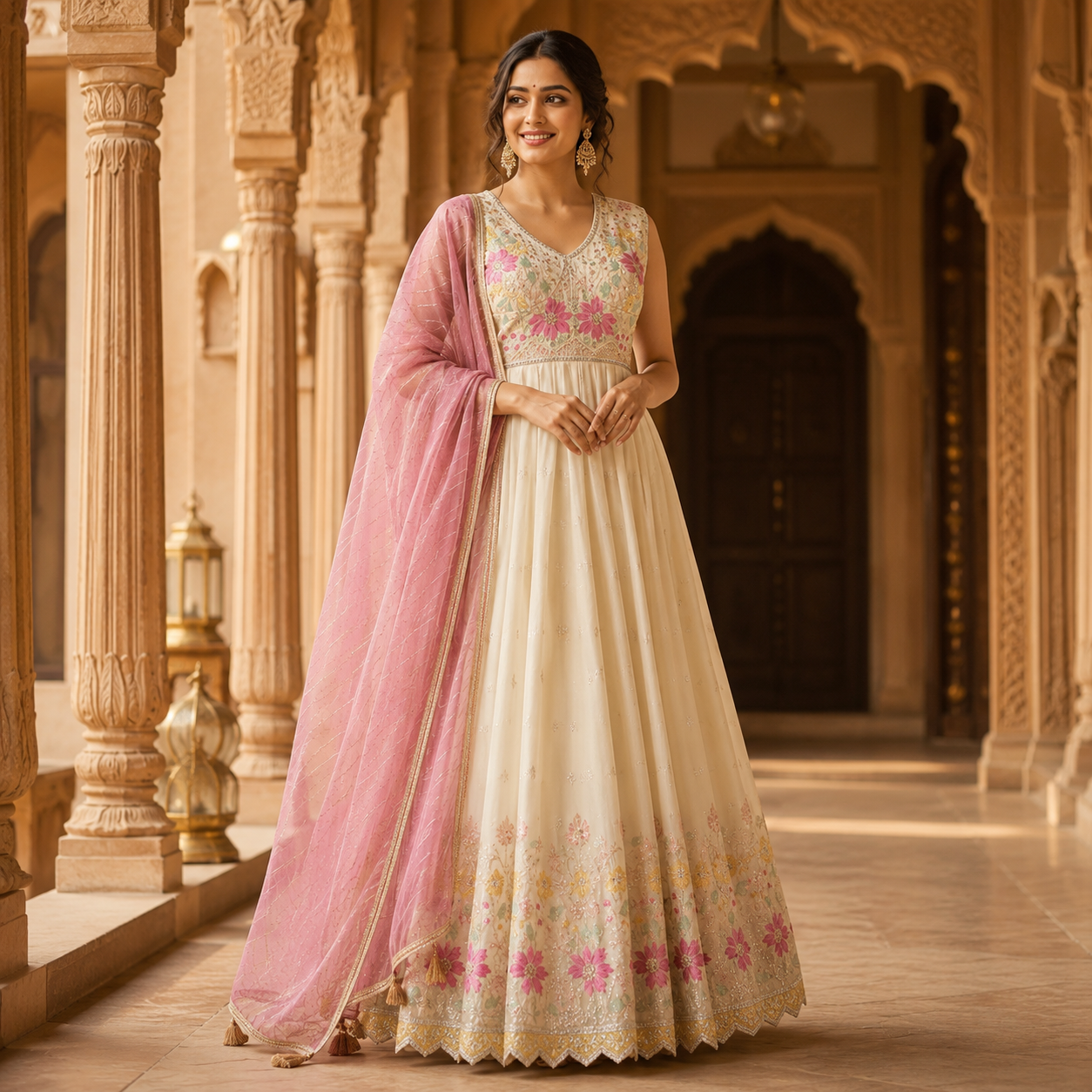 Chinon Silk Georgette Embroidered Lehenga Choli with Long Shrug