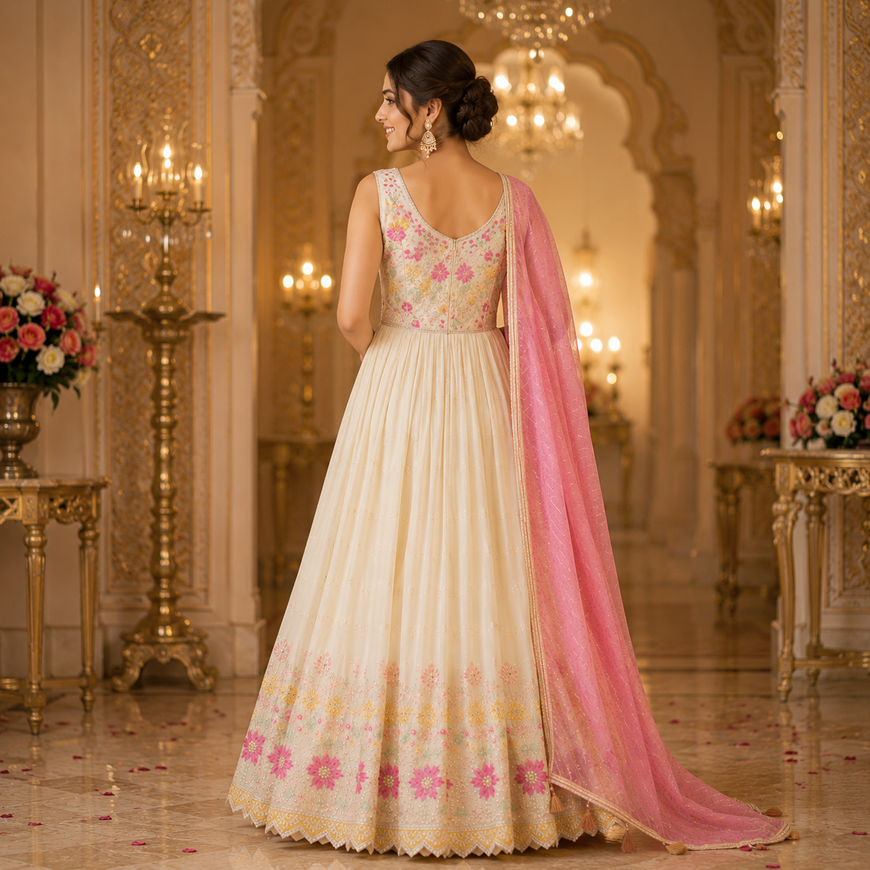 Chinon Silk Georgette Embroidered Lehenga Choli with Long Shrug
