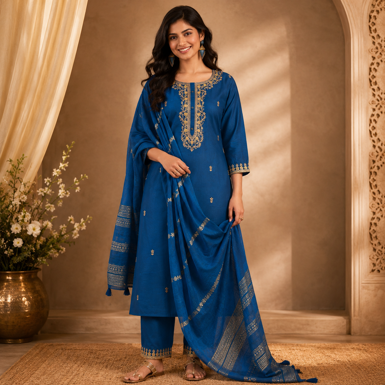 Elegant Rama Chinnon Kurta Set with Embroidered Dupatta