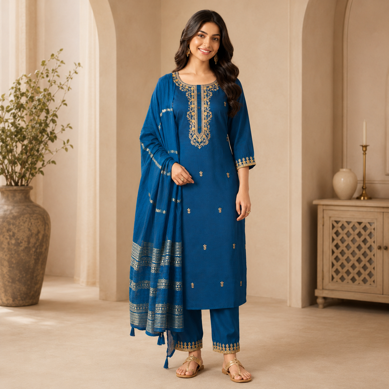 Elegant Rama Chinnon Kurta Set with Embroidered Dupatta