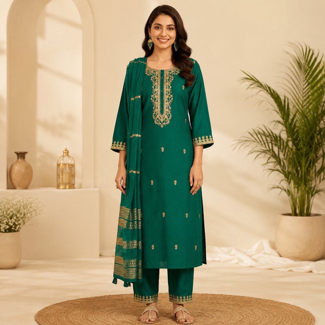 Green Chinnon Embroidered Straight Kurta Set