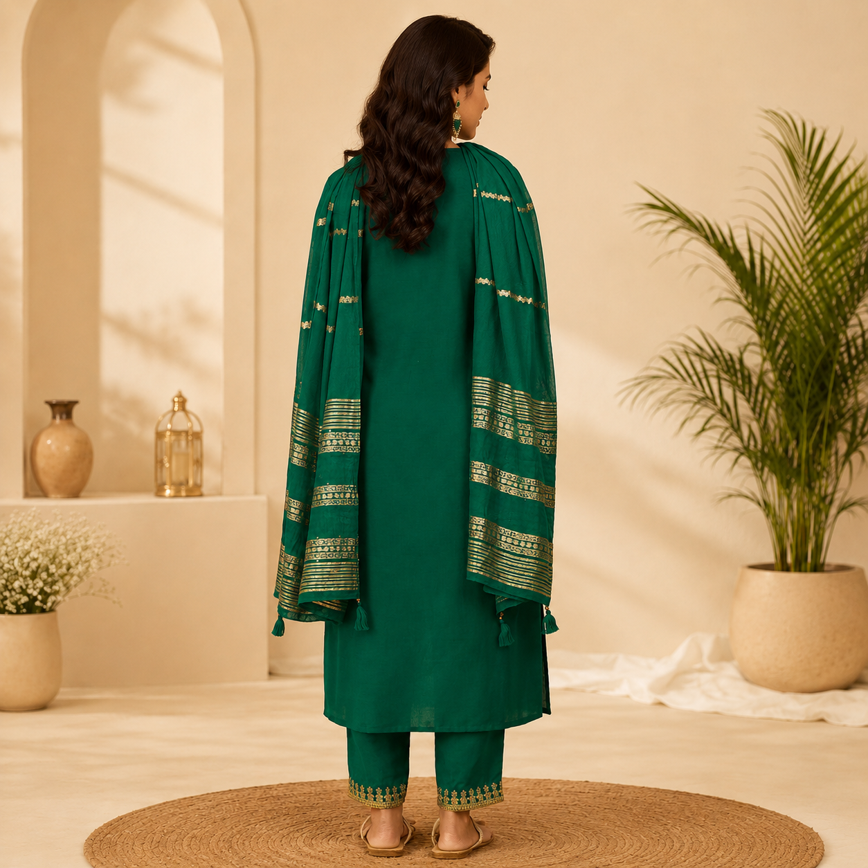 Green Chinnon Embroidered Straight Kurta Set
