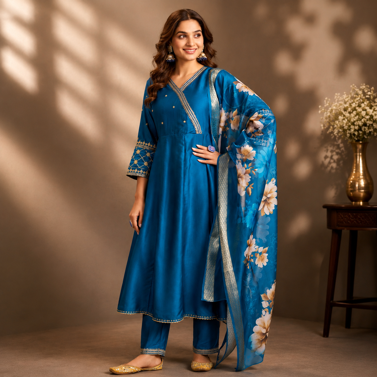 Navy Blue Embroidered Cotton Anarkali Kurta Set with Printed Organza Dupatta