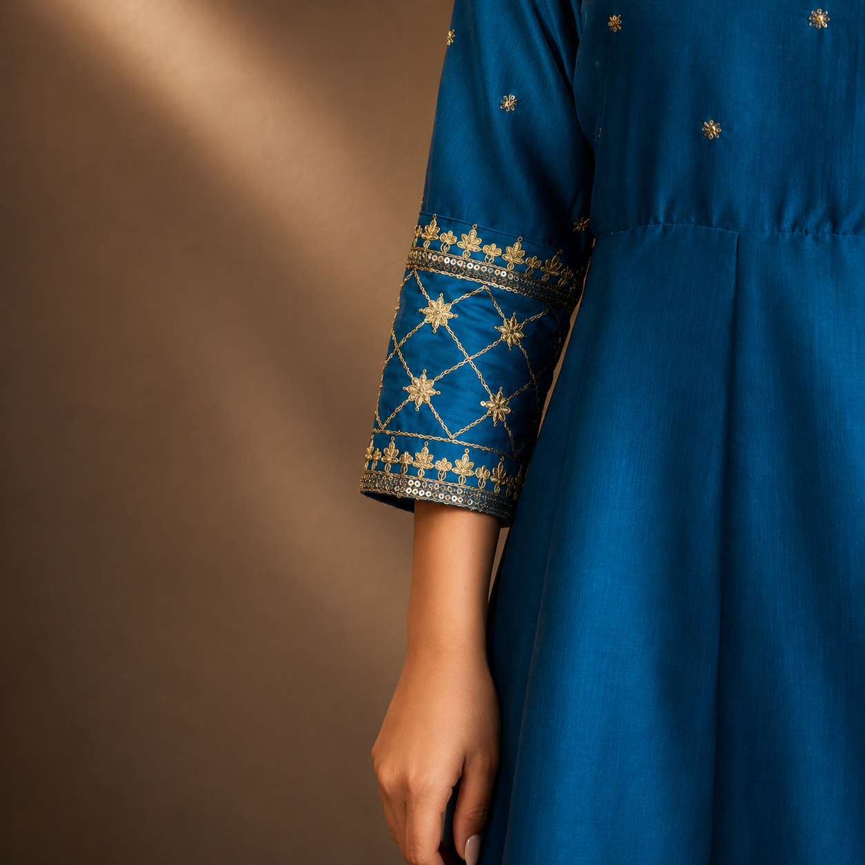 Navy Blue Embroidered Cotton Anarkali Kurta Set with Printed Organza Dupatta
