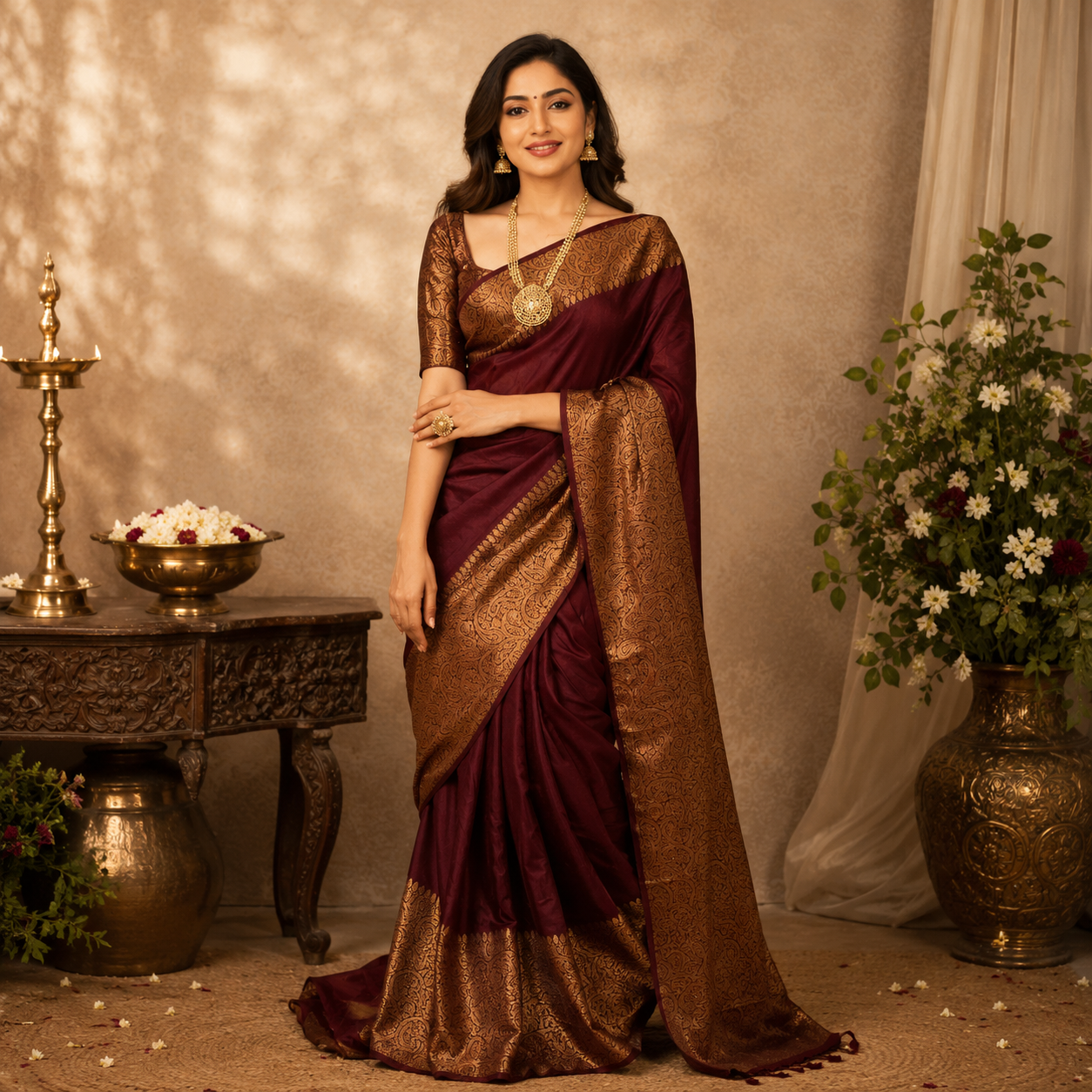 Premium Maroon Lichi Silk Zari Work Saree