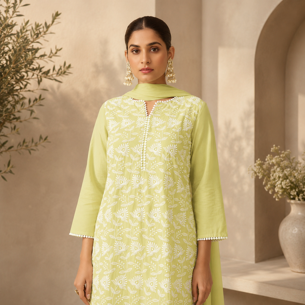 Sunshine Yellow Schiffli Cotton Kurta Set with Chiffon Dupatta