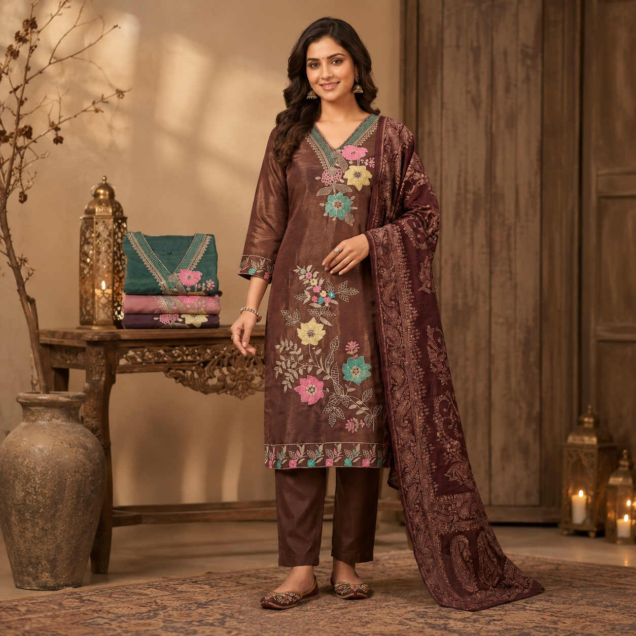 Roman Silk Embroidered Dress Material