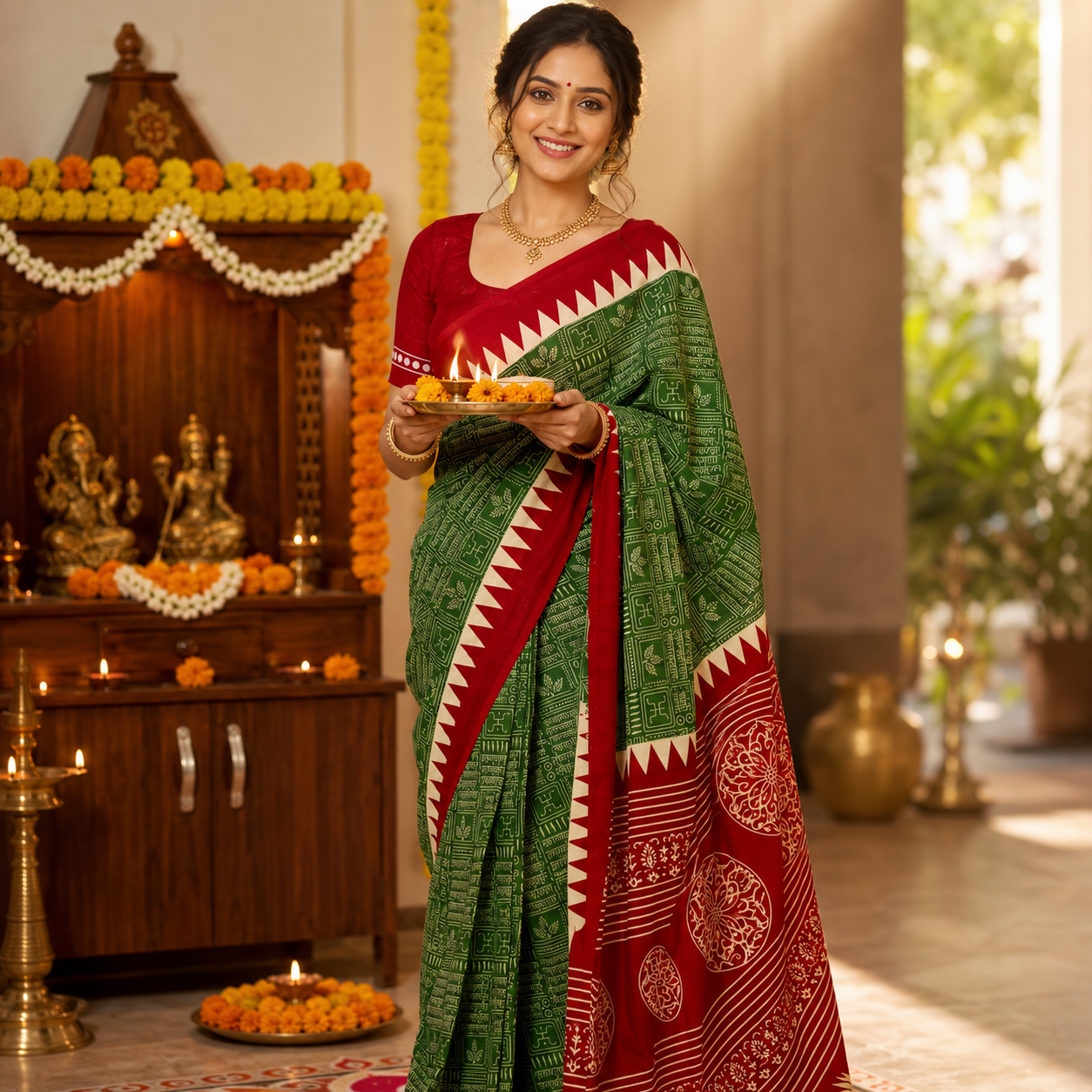 Sanskrit Mantra Block Printed Cotton Saree
