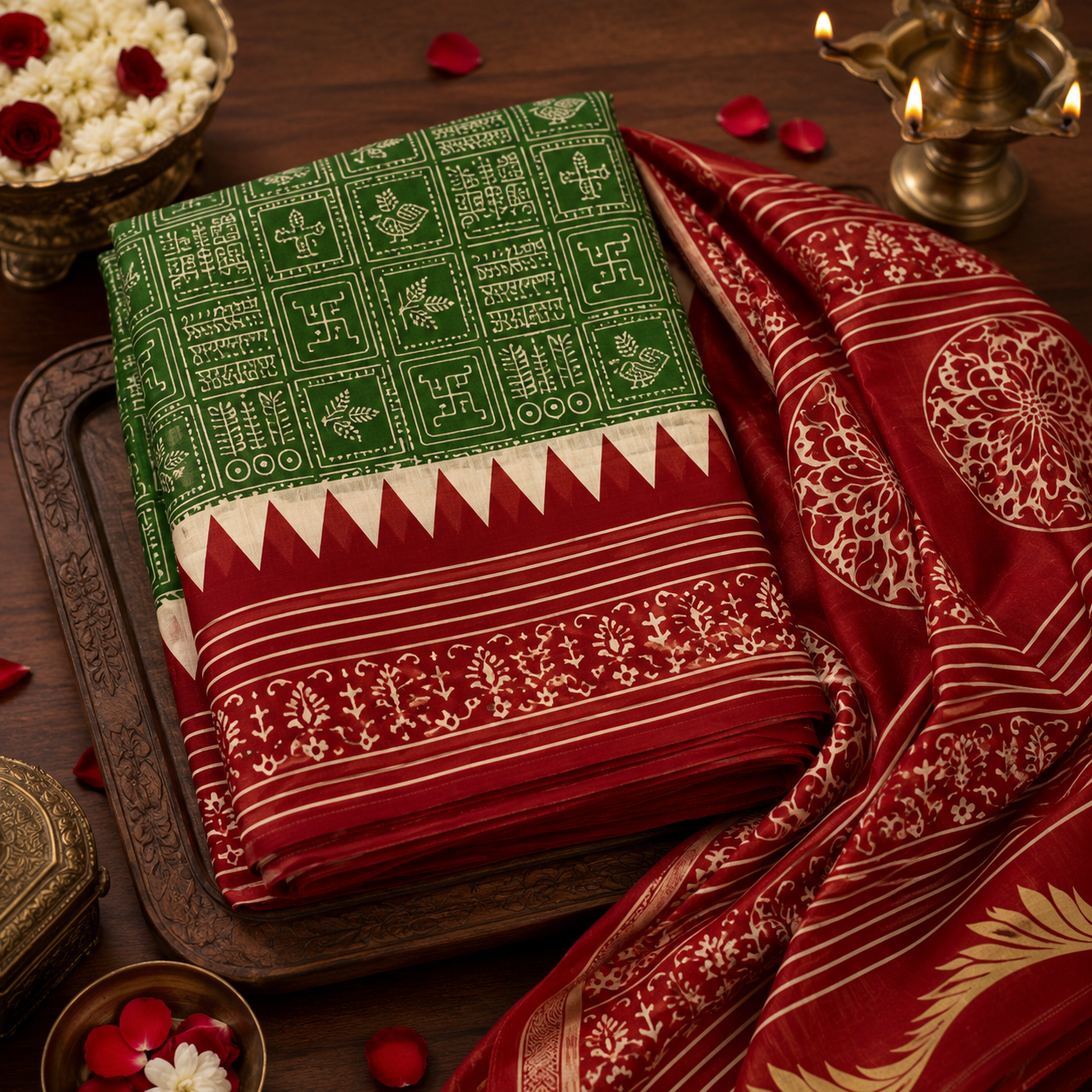 Sanskrit Mantra Block Printed Cotton Saree