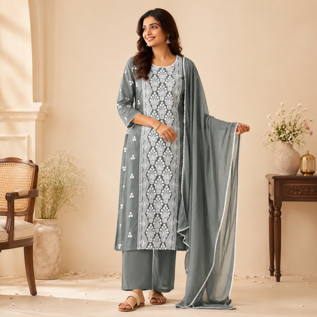 Soft Grey Schiffli Cotton Kurta Set with Chiffon Dupatta