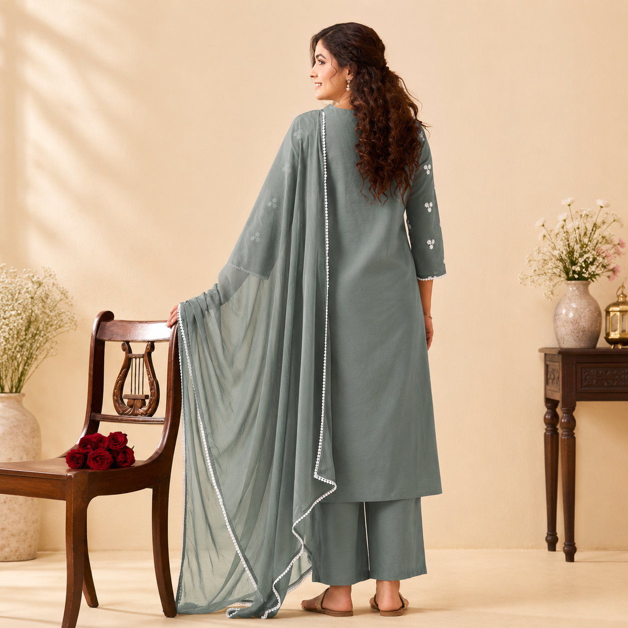 Soft Grey Schiffli Cotton Kurta Set with Chiffon Dupatta