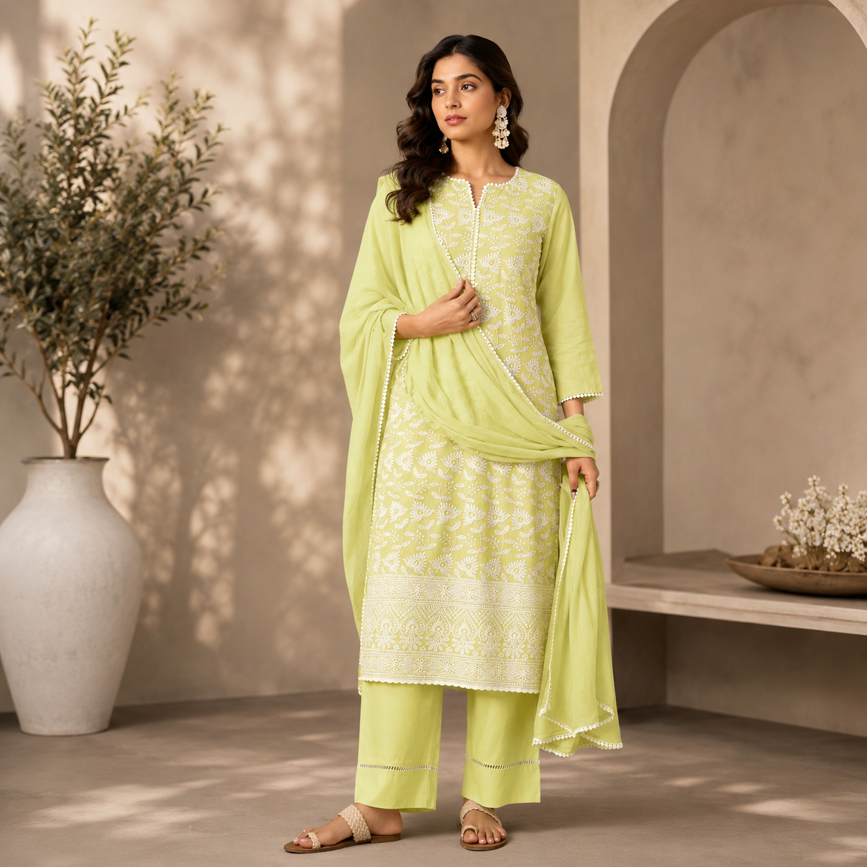 Sunshine Yellow Schiffli Cotton Kurta Set with Chiffon Dupatta