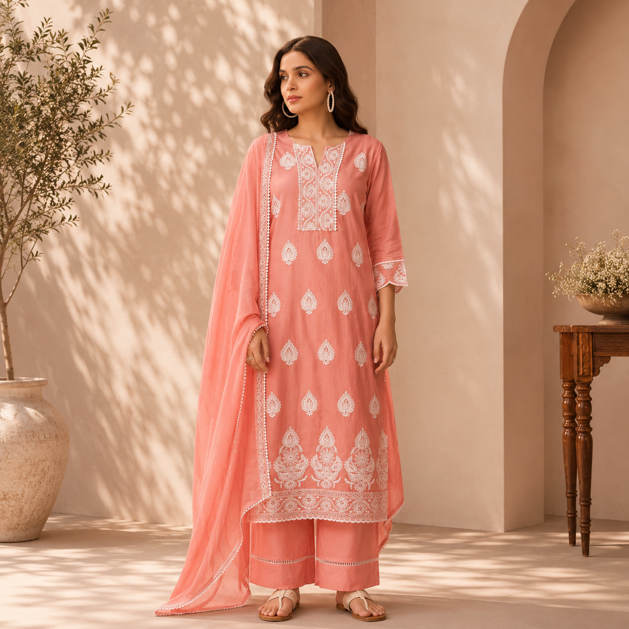 Tangerine Cotton Schiffli Kurta Set with Elegant Chiffon Dupatta