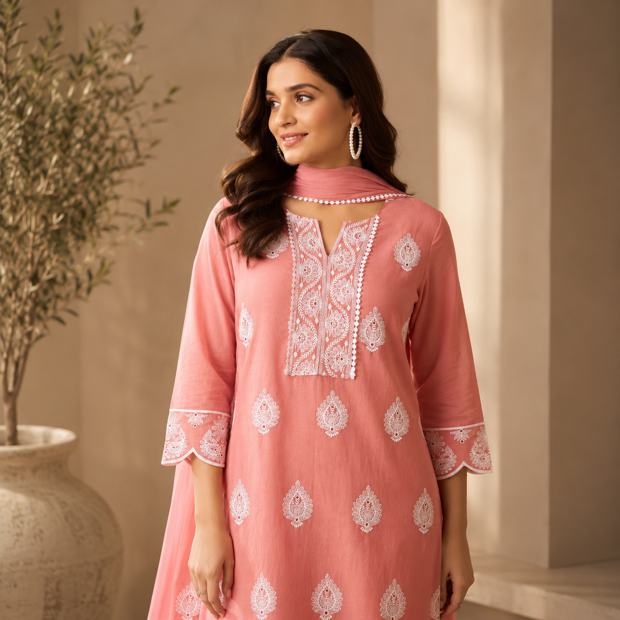 Tangerine Cotton Schiffli Kurta Set with Elegant Chiffon Dupatta