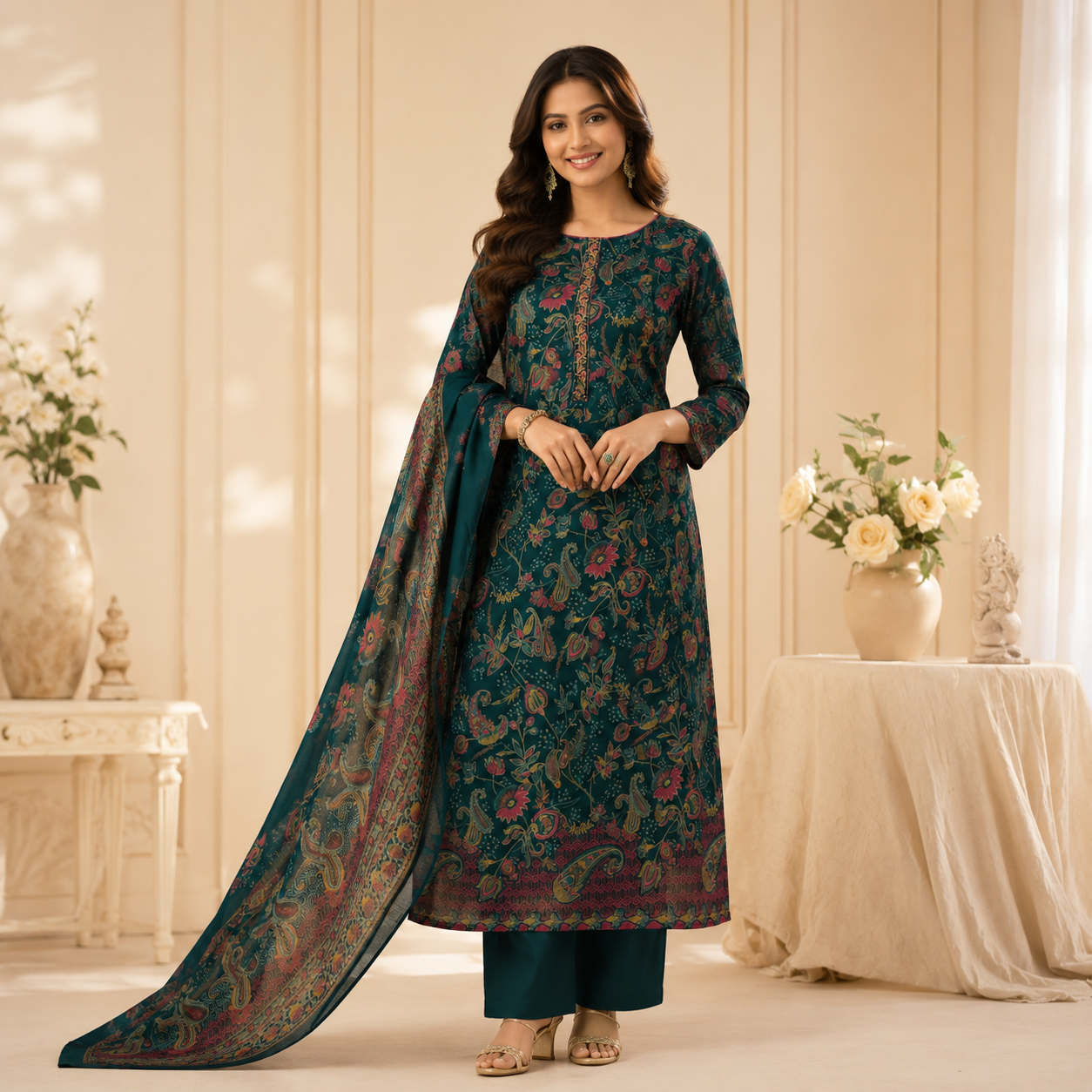 Viscose Jam Discharge Printed Embroidered Dress Material