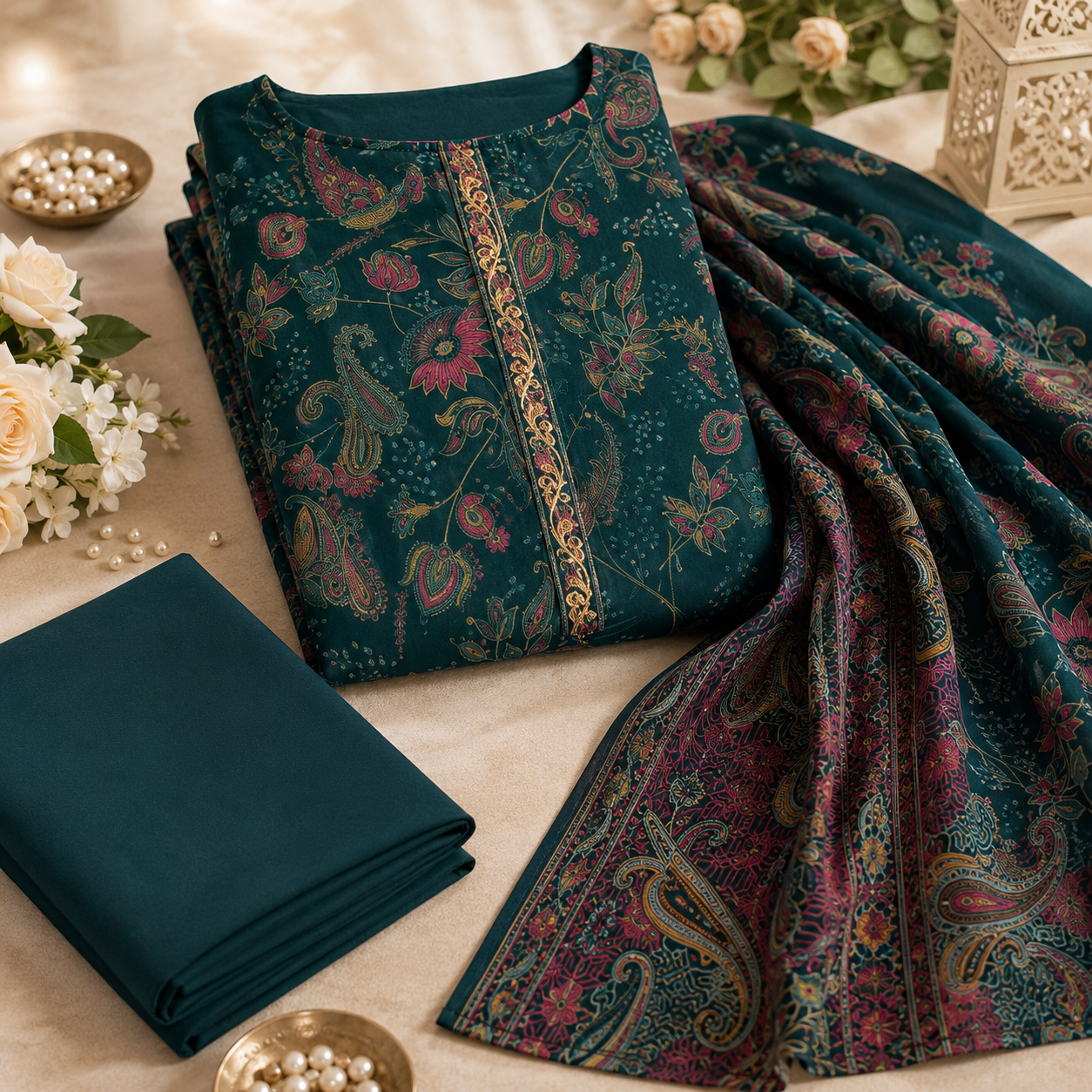 Viscose Jam Discharge Printed Embroidered Dress Material