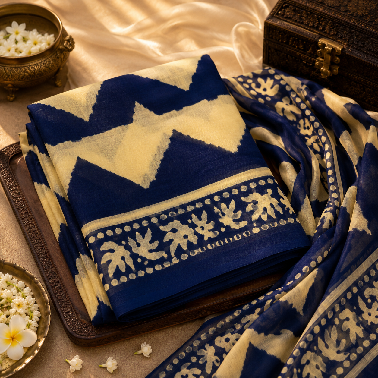 Zigzag Hand Block Printed Mal Cotton Saree